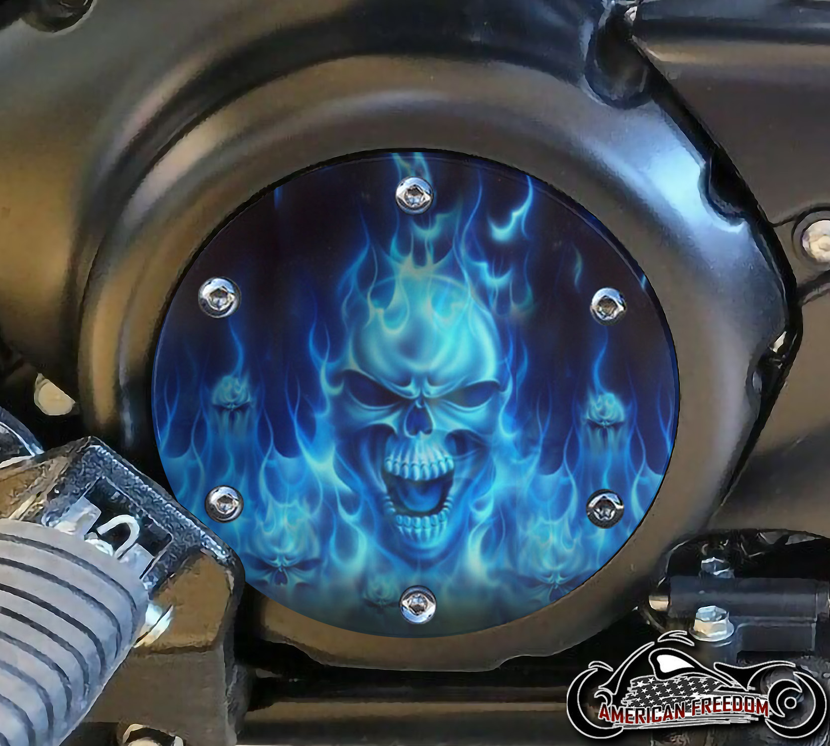 SUZUKI M109R Derby/Engine Cover - Blue Flame Skull